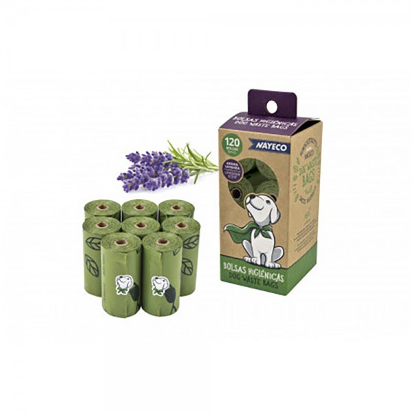 Rollo de 15 bolsas higiénicas degradables aroma lavanda 33 x 22 cm, 8 uds
