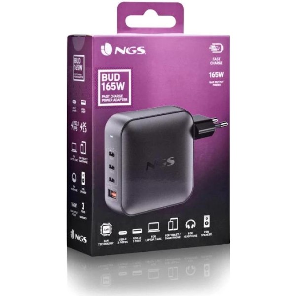 Ngs cargador ultrarapido165w 4 puertos 3usb-c 1 us